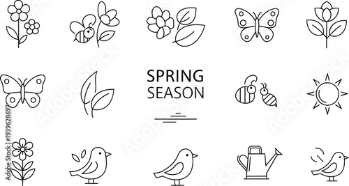 Spring season icons with flowers, bees, butterflies, and birds