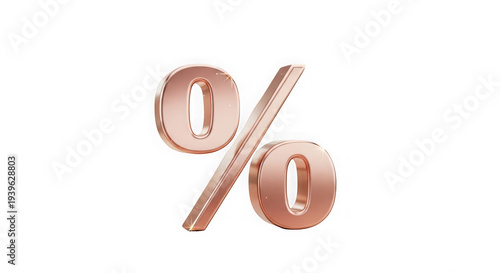 Rose gold percent sign symbol with shiny metallic finish transparent background