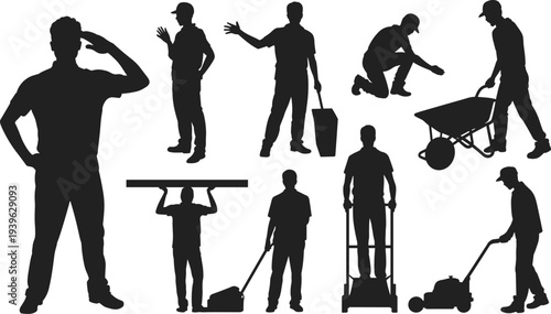 construction worker silhouettes set, manual labor builder and maintenance people collection, industrial work poses flat vector illustration