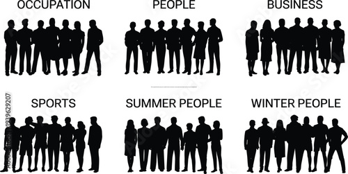 Diverse people silhouettes group set, occupation business sports teams, summer people winter people crowd, community social gathering,