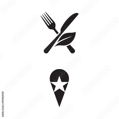 Black silhouette of cutlery leaf and location marker on white background