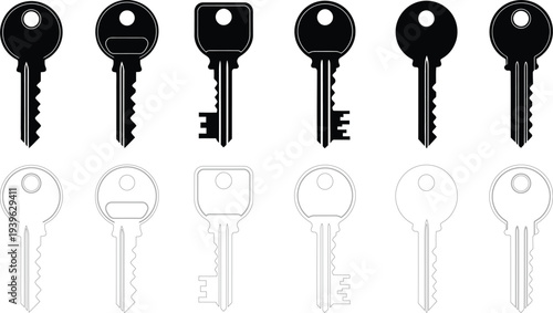 Collection of six keys with varied designs and their outlines