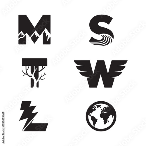 Minimalist logo designs featuring nature and symbolic elements in black