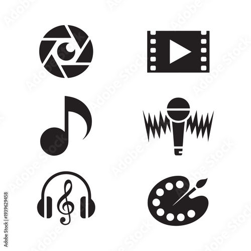 Black icons representing photography film music and artistic expression