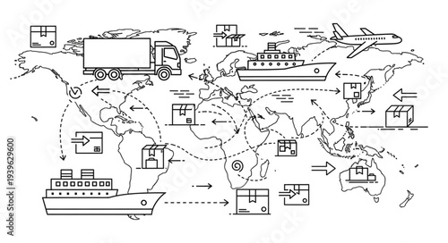 Global Logistics and Transportation Network Depicted on World Map.