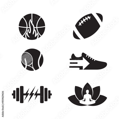 Black silhouettes depicting various sports and recreational activities