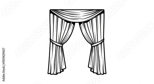 Elegant window drapery illustration showcasing detailed folds and decorative tiebacks, classic design.