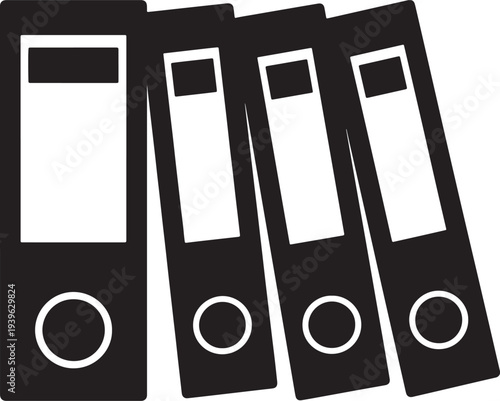 Black and white of four binders or folders standing upright also transparent background
