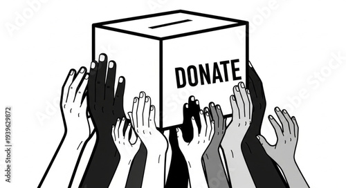 Hands reaching for donation box, symbolizing charity and community support for a cause.