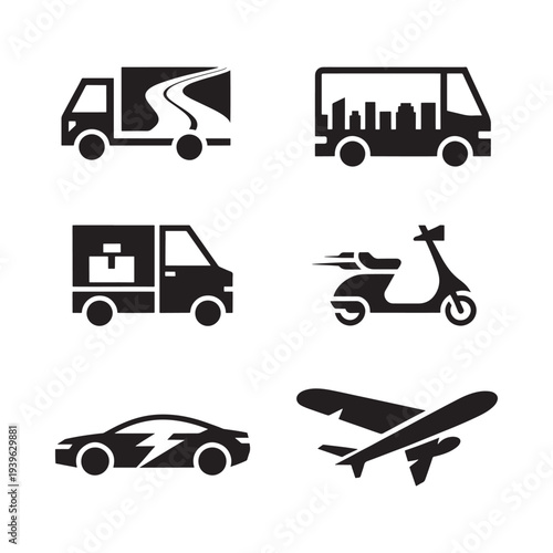 Simple black icons depicting various modes of transportation