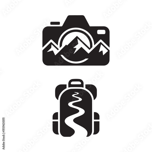 Stylized black icons depicting a camera and a hiking backpack
