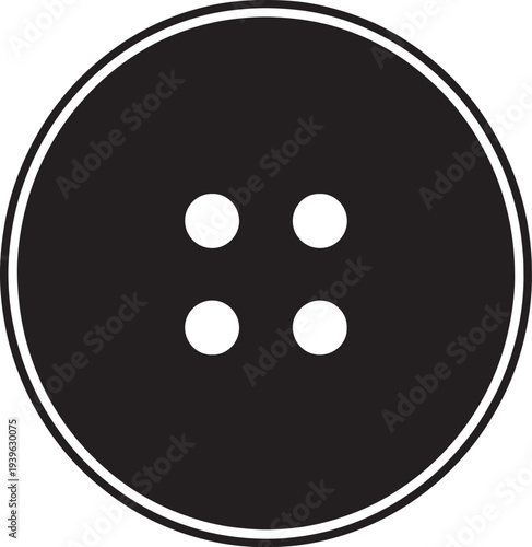 Black button with four white holes round shape with double outline also transparent background four holes