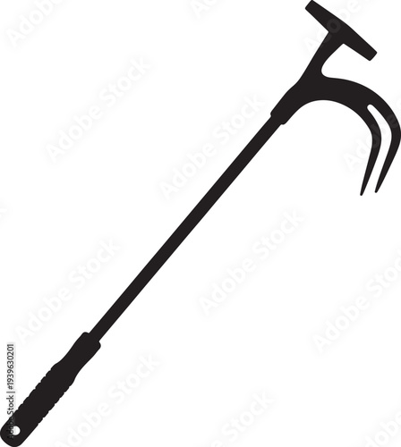 Black silhouette of a long handled tool with a t shaped handle and hooked prongs also transparent background