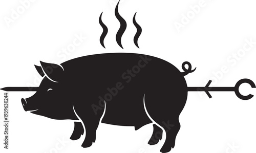 Black silhouette of a roasted pig on a spit with steam rising also transparent background