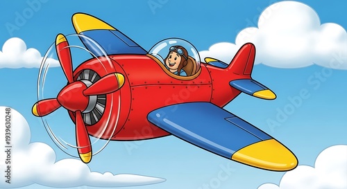 Cartoon Red Airplane Flying Through Clouds.