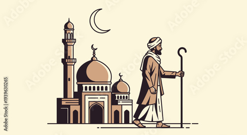 Vector illustration of a man with a mosque and crescent moon