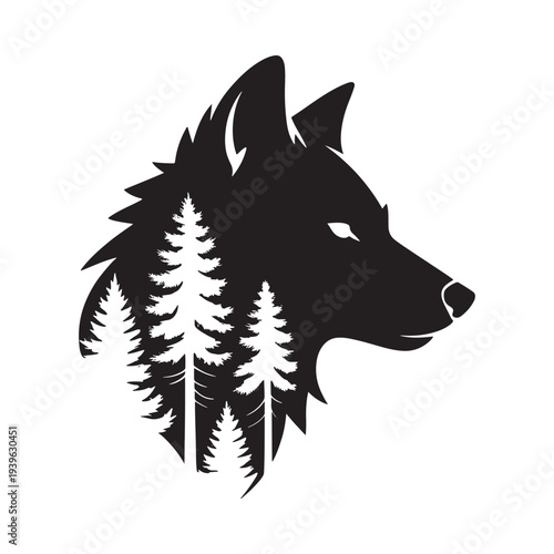 A striking black wolf silhouette incorporating a forest scene within