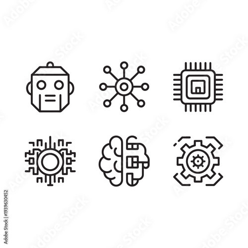 Minimalist line icons depicting artificial intelligence and technological concepts