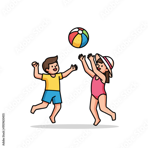 Joyful kids playing with colorful beach ball: summer fun in swimwear and sunhat on clear day