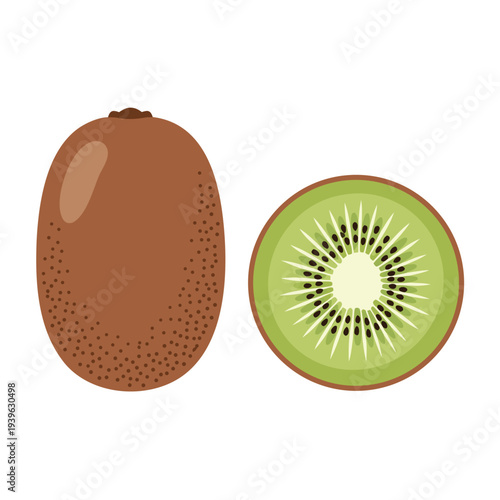 Whole kiwi and juicy sliced kiwi illustration featuring brown skin and vibrant green flesh with tiny black seeds on white background