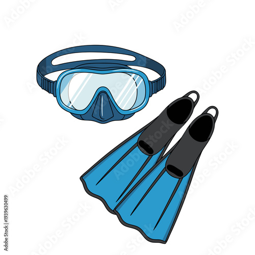 Blue snorkeling gear set featuring diving mask and swim fins for underwater exploration in ocean and sea adventure activities
