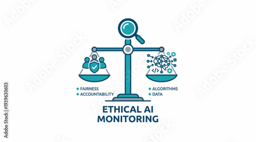 Vector illustration depicting the crucial balance between fairness, accountability, algorithms, and data for ethical AI monitoring and bias detection systems