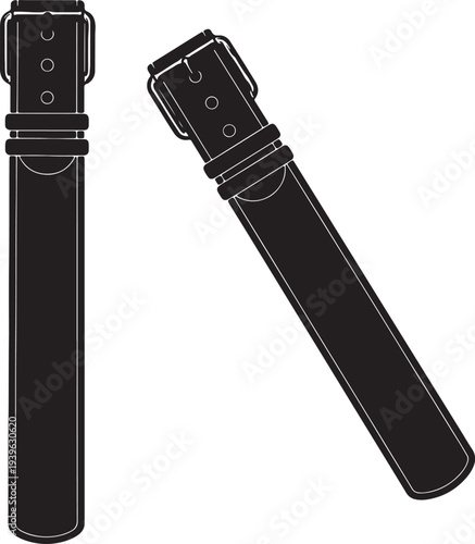 Two black leather belts with silver buckles upright and diagonal also transparent background black belt