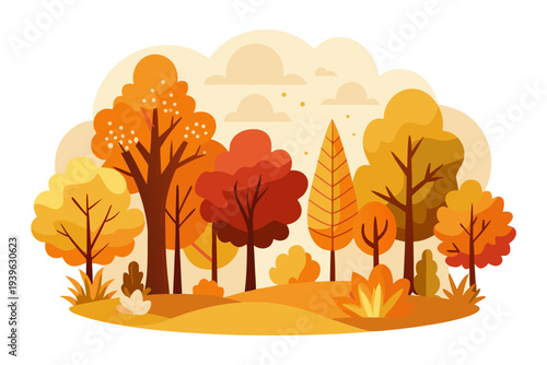 Whimsical autumn landscape with vibrant trees and foliage in shades of orange, red, and yellow against a gentle cloudy sky