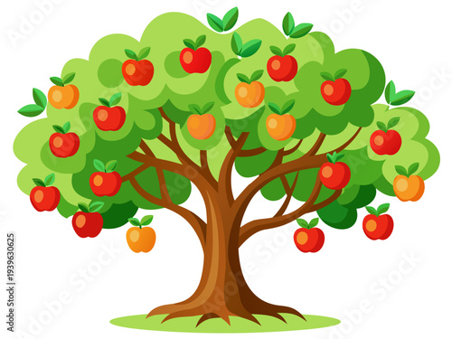 Lush apple tree with vibrant red and orange apples, green leaves, and sturdy brown trunk on grass