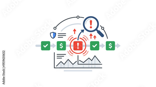 Flat vector icon representing anomaly detection with visual indicators of alerts and success on a workflow diagram