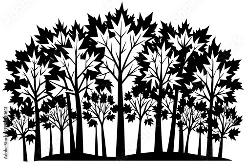 Silhouette of leafy forest with varied tree heights and detailed foliage showcasing natural beauty in black and white