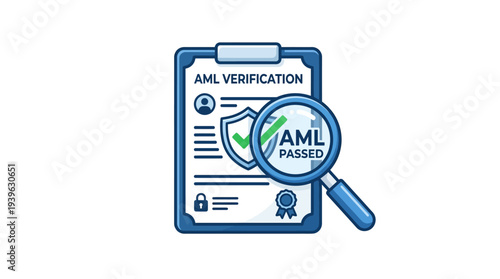 Anti-Money Laundering Verification Passed Concept with Shield Icon and Magnifying Glass on Document