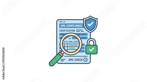 AML Compliance Verification Icon Showing a Magnifying Glass Over a Document with a Shield and Lock Symbols