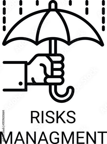 Black and white of hand holding umbrella with rain drops and risk management text protection