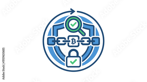 Flat vector icon illustrating secure blockchain verification process, digital asset protection, and data integrity check, emphasizing cryptographic security and robust system validation