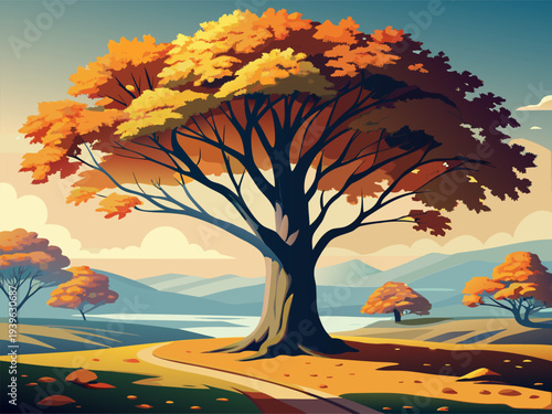 Serene autumn landscape with majestic tree and vibrant leaves under clear sky with rolling hills in background