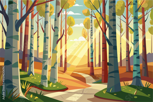 Sunlit autumn forest path with tall birch trees and golden leaves under a clear blue sky in a serene natural landscape