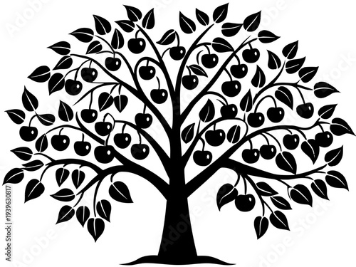 Silhouette of apple tree with abundant foliage and fruit featuring intricate leaf and branch patterns on white background