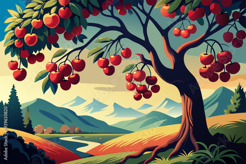 Vibrant orchard scene with apple tree, rolling hills, and majestic mountains at sunset in a tranquil countryside setting