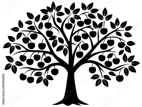 Black silhouette of apple tree with abundant fruit and leaves: detailed botanical illustration for nature and gardening enthusiasts