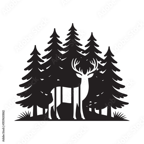 Black silhouette of a deer standing near trees and a small cabin