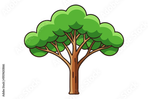 Vibrant green cartoon tree with lush canopy and sturdy trunk in simplistic art style isolated on white background