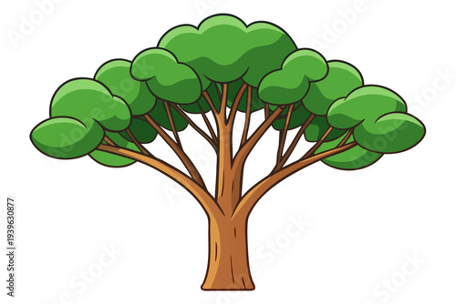 Vibrant cartoon tree with lush green canopy and sturdy brown trunk on a white background for nature and environment themes