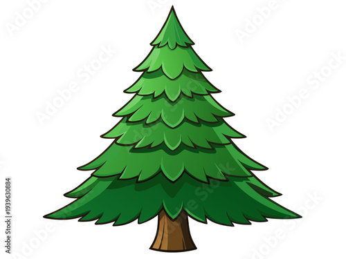 Lush green cartoon pine tree with layered branches and sturdy brown trunk on white background for nature and forest themes