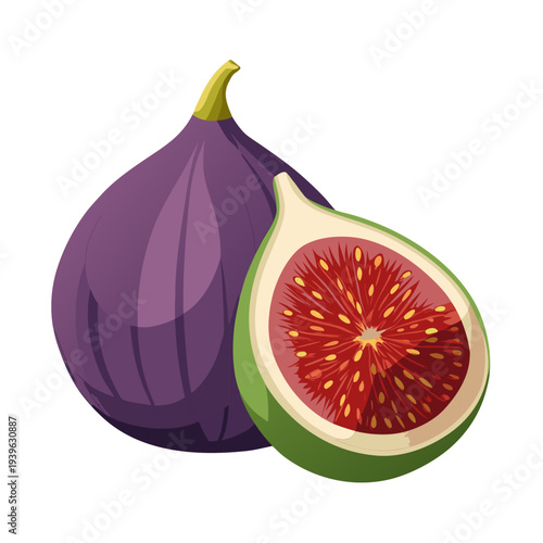 Realistic whole purple fig and half-cut green fig with detailed red interior on white background