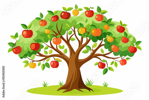 Vibrant apple tree with lush green leaves and multicolored ripe apples in a serene natural setting on a clear day
