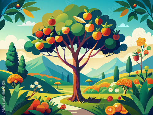 Vibrant orchard landscape with lush fruit tree surrounded by blooming flowers and rolling hills under a bright blue sky