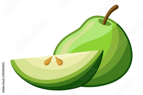 Vibrant green pear with juicy sliced portion showcasing freshness and natural sweetness on a pure white background
