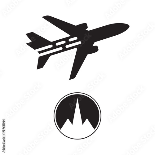 A simple black silhouette of an airplane flying over mountains