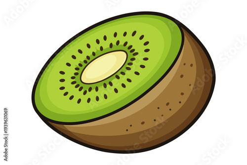 Detailed illustration of a fresh kiwi half with vibrant green flesh, black seeds, and brown fuzzy skin on a clean white background